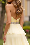 Light Yellow Tiered A Line Strapless Beaded Long Prom Dress