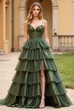 Olive Ball Gown Corset Tiered Floor Length Prom Dress with Slit