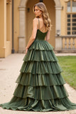 Olive Ball Gown Corset Tiered Floor Length Prom Dress with Slit