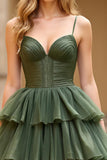 Olive Ball Gown Corset Tiered Floor Length Prom Dress with Slit