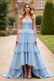 Sky Blue Strapless A Line Tiered Long Prom Dress