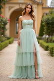 Light Green Strapless A Line Tiered Long Prom Dress with Slit