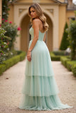 Light Green Strapless A Line Tiered Long Prom Dress with Slit