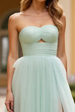 Light Green Strapless A Line Tiered Long Prom Dress with Slit