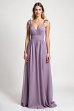 A Line Lilac V Neck Chiffon Long Bridesmaid Dress with Bows