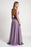 A Line Lilac V Neck Chiffon Long Bridesmaid Dress with Bows