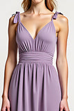 A Line Lilac V Neck Chiffon Long Bridesmaid Dress with Bows