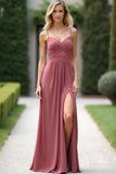 Dusty Rose A Line Spaghetti Straps Chiffon Bridesmaid Dress with Slit