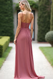 Dusty Rose A Line Spaghetti Straps Chiffon Bridesmaid Dress with Slit