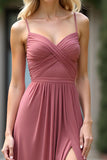 Dusty Rose A Line Spaghetti Straps Chiffon Bridesmaid Dress with Slit