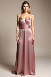 Dusty Rose A Line V Neck Satin Ruched Long Bridesmaid Dress