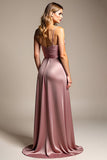 Dusty Rose A Line V Neck Satin Ruched Long Bridesmaid Dress