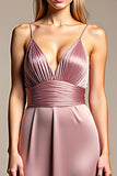 Dusty Rose A Line V Neck Satin Ruched Long Bridesmaid Dress