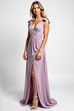 A Line Lilac Chiffon V Neck Bowknot Long Bridesmaid Dress with Slit