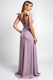 A Line Lilac Chiffon V Neck Bowknot Long Bridesmaid Dress with Slit