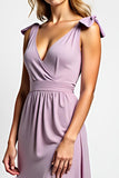 A Line Lilac Chiffon V Neck Bowknot Long Bridesmaid Dress with Slit