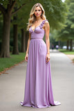 Lilac V Neck A Line Chiffon Long Bridesmaid Dress with Ruffles