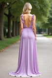 Lilac V Neck A Line Chiffon Long Bridesmaid Dress with Ruffles