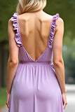 Lilac V Neck A Line Chiffon Long Bridesmaid Dress with Ruffles