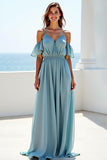 Blue A Line Cold Shoulder Chiffon Long Bridesmaid Dress with Ruffles