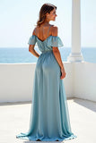 Blue A Line Cold Shoulder Chiffon Long Bridesmaid Dress with Ruffles