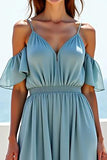 Blue A Line Cold Shoulder Chiffon Long Bridesmaid Dress with Ruffles