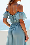 Blue A Line Cold Shoulder Chiffon Long Bridesmaid Dress with Ruffles