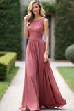 Dusty Rose A Line Scoop Neck Ruched Chiffon Long Bridesmaid Dress