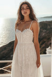 White Spaghetti Straps A Line Graduation Dress with Lace