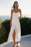 White Spaghetti Straps Floor Length A Line Graduation Dress with Slit