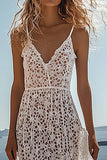 White Spaghetti Straps Deep V-Neck A Line Graduation Dress with Lace