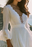 Boho White A Line Short Graduation Dress with Long Sleeves