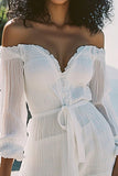 White Off The Shoulder Short Graduation Dress with Long Sleeves