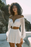 White Off The Shoulder V-Neck Short Graduation Dress with Long Sleeves