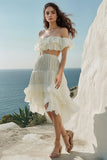 White 2-Piece Off The Shoulder Ruffled High-Low Graduation Dress