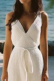 White V-Neck Floor Length Sheath Graduation Dress