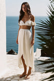 White A Line High Low Off The Shoulder Graduation Dress