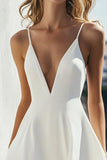 A Line V-Neck White Satin Knee Length Graduation Dress