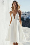 A Line V-Neck White Satin Knee Length Graduation Dress