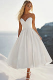 White A Line Sweetheart Tea Length Graduation Dress