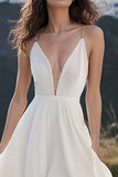 Deep V-Neck White Chiffon Tea Length Graduation Dress