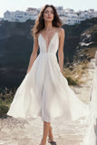 Deep V-Neck White Chiffon Tea Length Graduation Dress