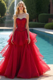 Sweetheart Red A Line Tiered Maxi Prom Dress with Ruffles