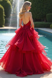 Sweetheart Red A Line Tiered Maxi Prom Dress with Ruffles