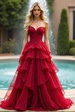 Red A Line Sweetheart Corset Tiered Prom Dress with Ruffles