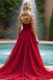 Red A Line Sweetheart Corset Tiered Prom Dress with Ruffles