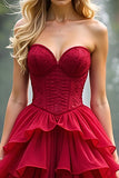 Red A Line Sweetheart Corset Tiered Prom Dress with Ruffles