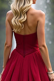 Red A Line Sweetheart Corset Tiered Prom Dress with Ruffles