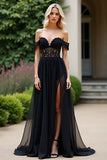 Black A Line Off the Shoulder Corset Lace Prom Dress with Slit