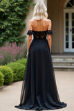 Black A Line Off the Shoulder Corset Lace Prom Dress with Slit